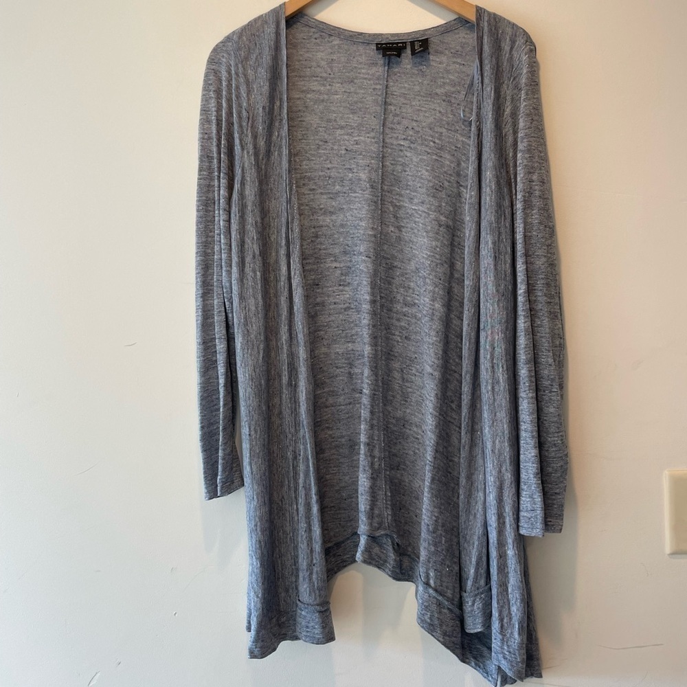 Tahari 100% Linen Open‎ Hi Low Blue Cardigan Large